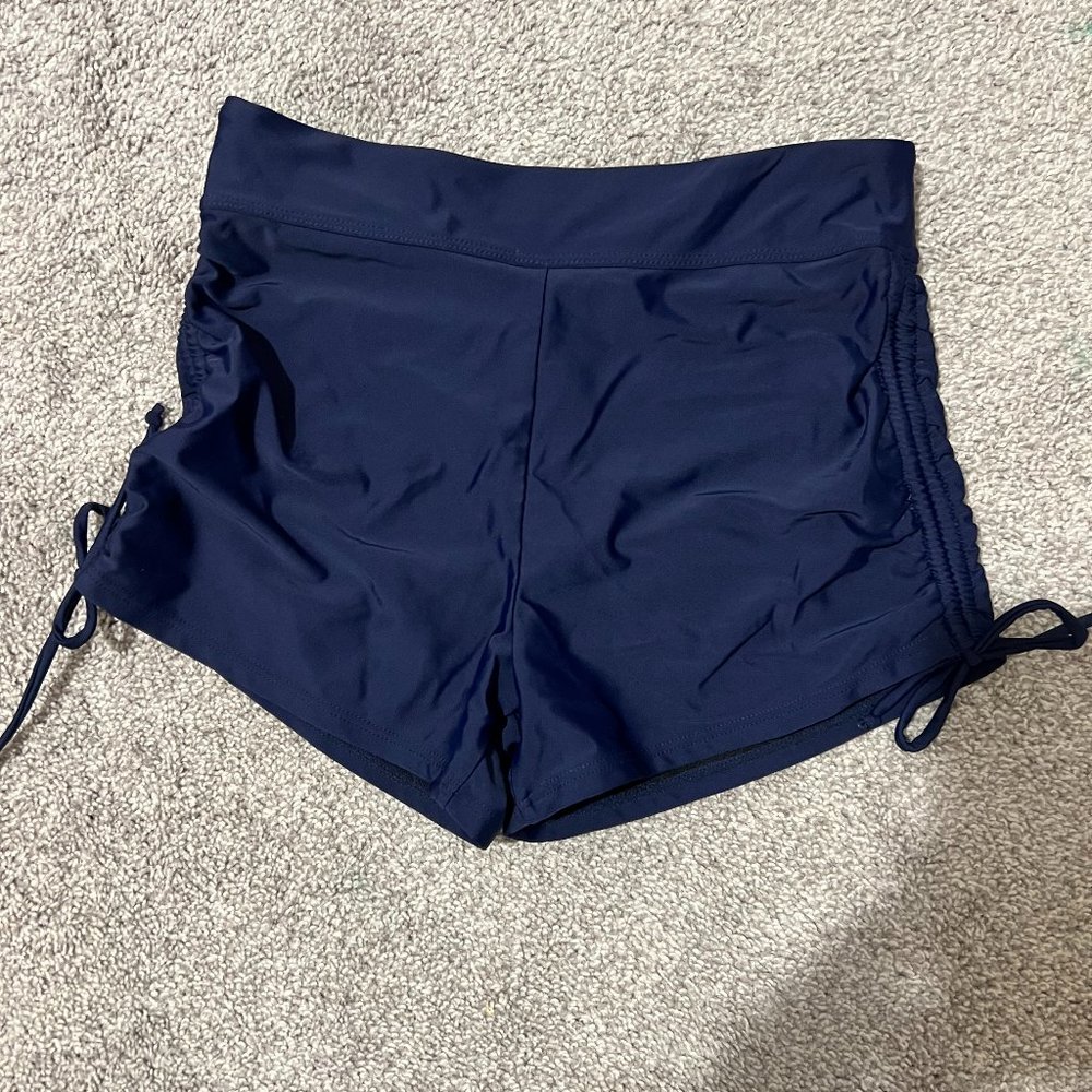 Generic Navy-blue skirted bikini bottom and side shirred boy swim shorts